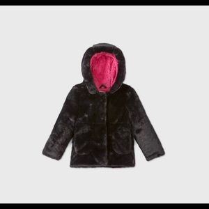 Girls 2T Faux Fur Black & Pink Coat Button Hooded